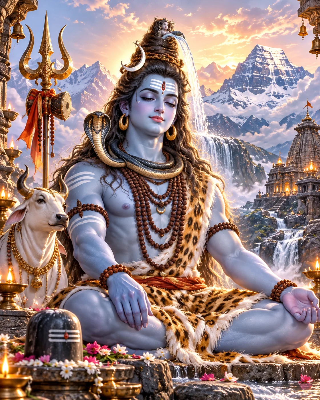 Devotional illustration of Lord Shiva meditating in the Himalayas with Nandi and a trishula